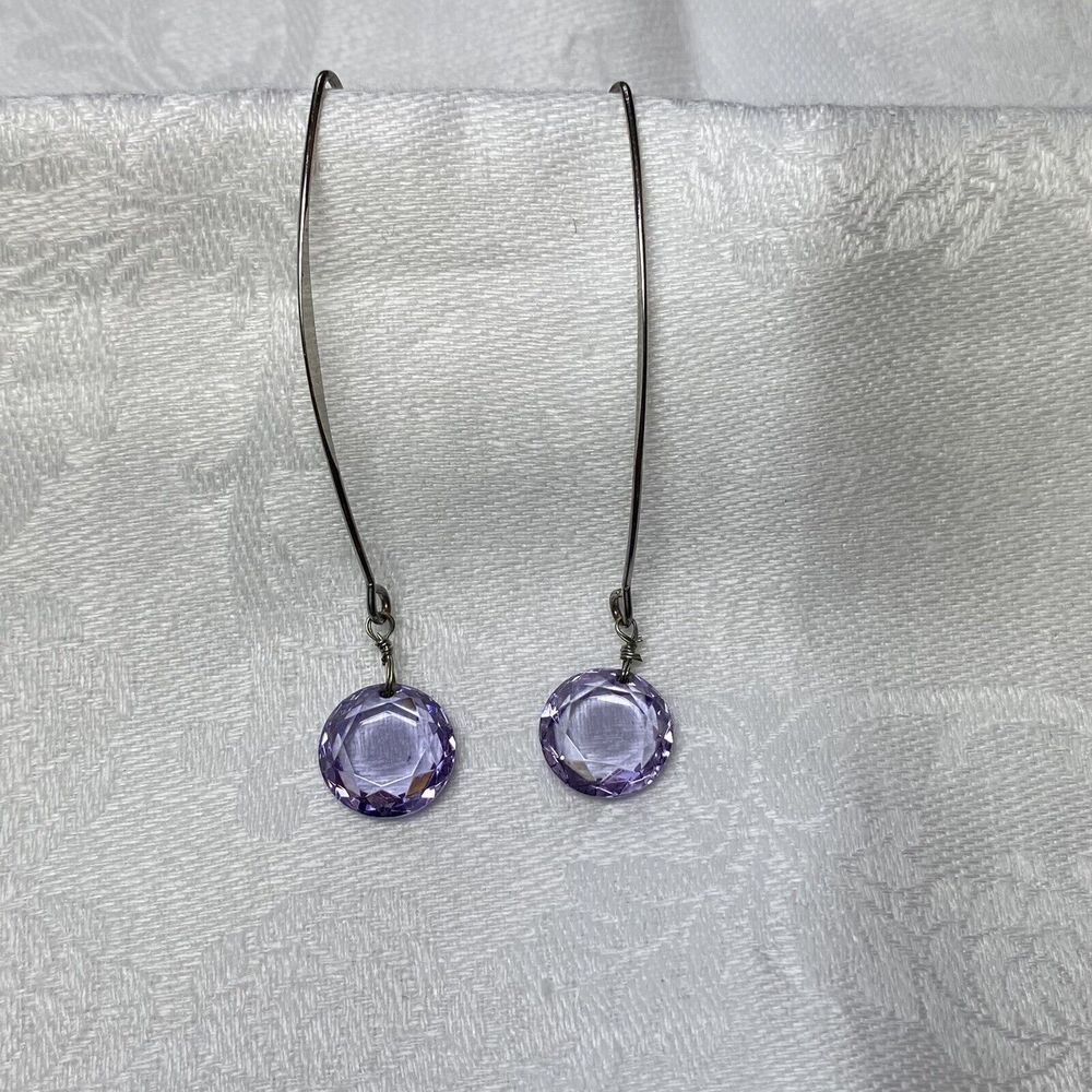 Purple Crystal Earrings Faceted Silver Tone Dangling Drop Comet - Picture 7 of 8